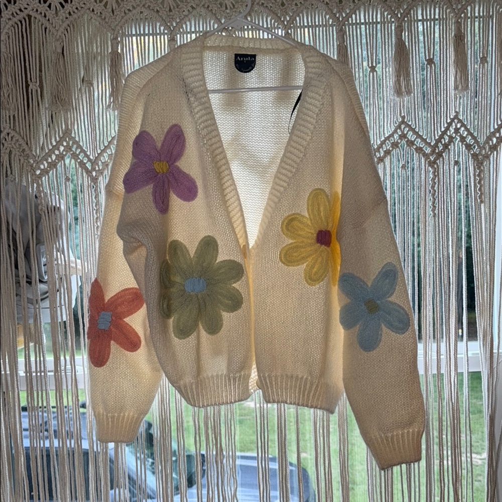 ARULA Cream Cardigan with Colorful Floral Design